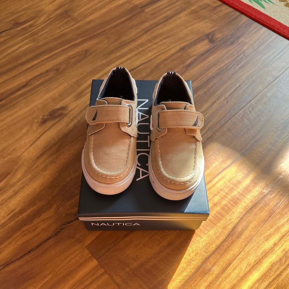 Nautica Kids Tan Canvas Moccasins with Hook-and-Loop Strap